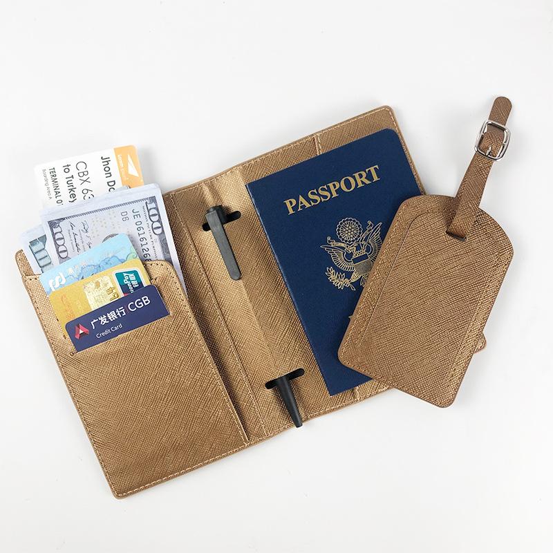 OEM multi-functional leather with pen plug-in cable pu leather cross pattern passport cover luggage tag custom set