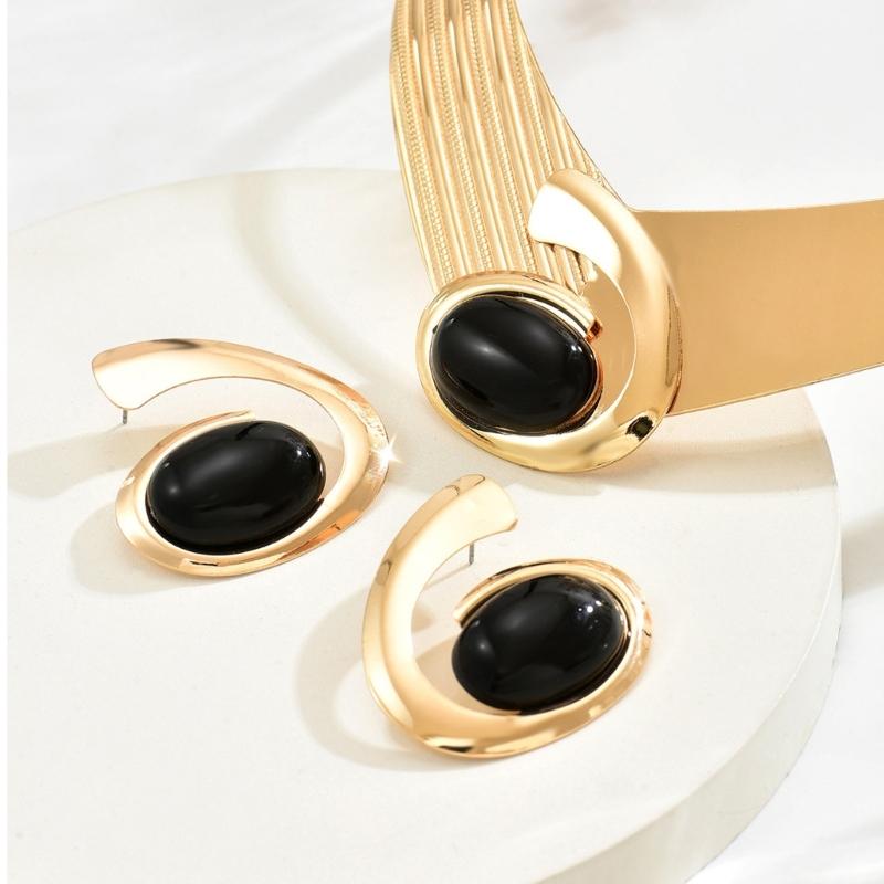 Versatile Geometric Jewelry with Oval Stone Gold Color Necklace Earrings Set Geometry Accessories For Stylish Women