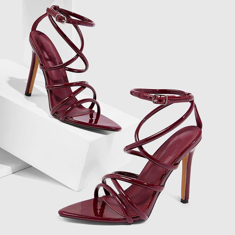 

Fashion Fashion Cross-tied Women Thin Heels Sandals Shoes Female Narrow Band Footwear Pointed Toe Ladies Heeled Sandals Pumps Shoes 42 вина червоного кольору