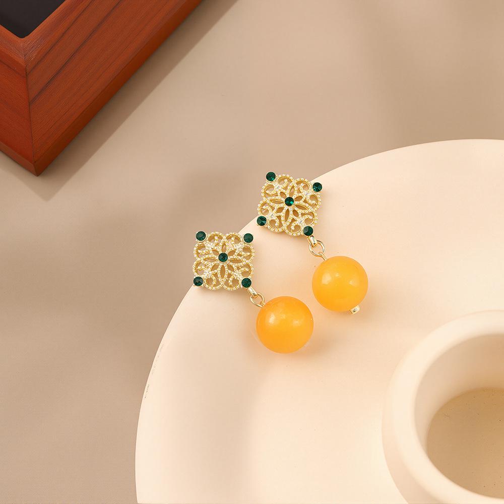 Silver Needle Retro Chinese-Style Women s Earrings with Beeswax Pearl and Rhombus Pattern