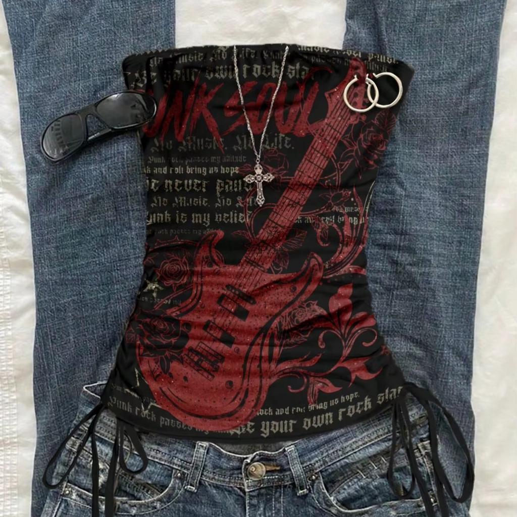 Women's Casual Retro Drawstring Front Cut Vest, Suitable for Y2K and Guitar Prints in Spring and Summer