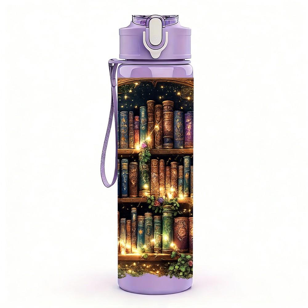 1PC Vintage Old Books Library Shelf Print 750ml Color Plastic Sports Water Bottle Leakproof Flip Straw Lid Suitable for Sports Office Home Use