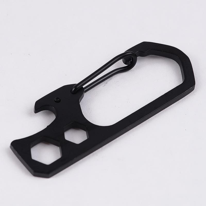 Stainless Steel Multi-Function Carabiner Keychain with Bottle Opener and Hex Wrench for Outdoor Camping.
