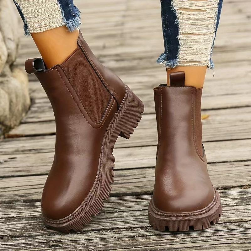Women's Fall Winter Chunky Heel Round Toe Thick Sole Fleece-Lined Martin Ankle Boots.