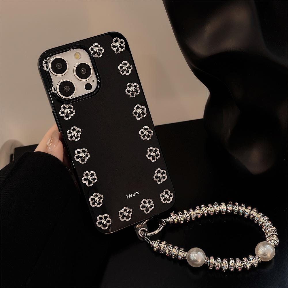 Three dimensional Silver Bead Flowers Suitable for 14promax Apple 16 Mobile Phone Case IPhone 13 Hanging Chain 11 Metal Wind 12 Soft