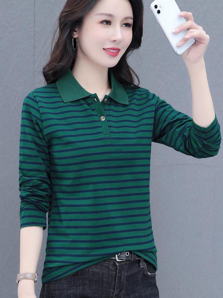 Women's Striped Long Sleeve Pure Cotton Polo T-shirt - Versatile, Loose Fit for Spring/Autumn 2026