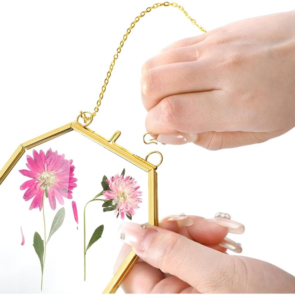 3 Glasrahmen mit gepressten Blumen, Kleiner Messing-Schwebrahmen mit Kette, Klarer DIY Handgemachter Heimwanddekor zur Präsentation von Kunstwerken, getrockneten Pflanzenproben