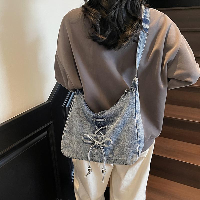 Denim Crossbody Bag Women's Bow Shoulder Bag Commuter Underarm Bag