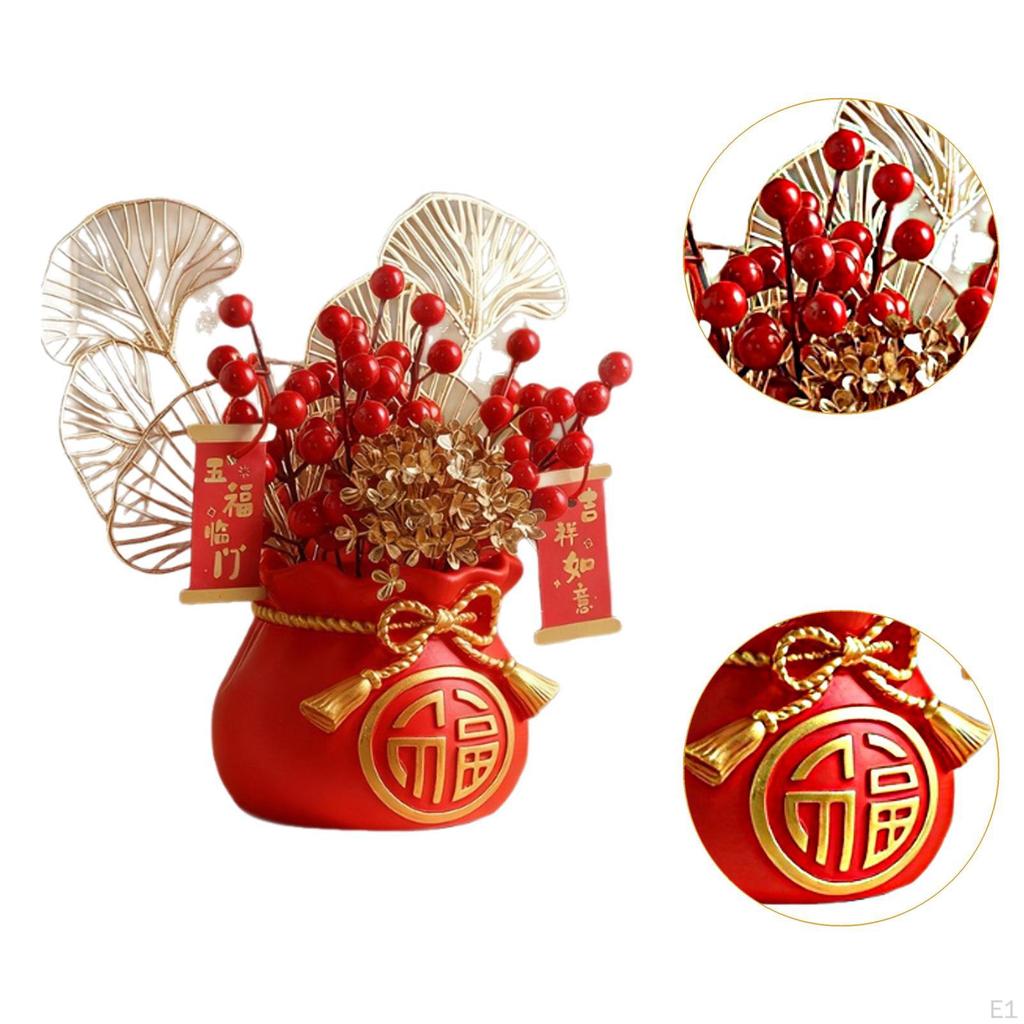 Chinese Year Decorations Artificial Flower Pot Floral Accessory with Pendants Red Branches for