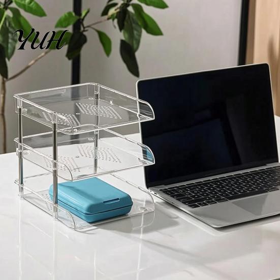 Stackable Office Storage Clear Desk Organizer, Transparent Layers PET File Rack, Stationery Box Space Saving Organizer for A4 Documents And
