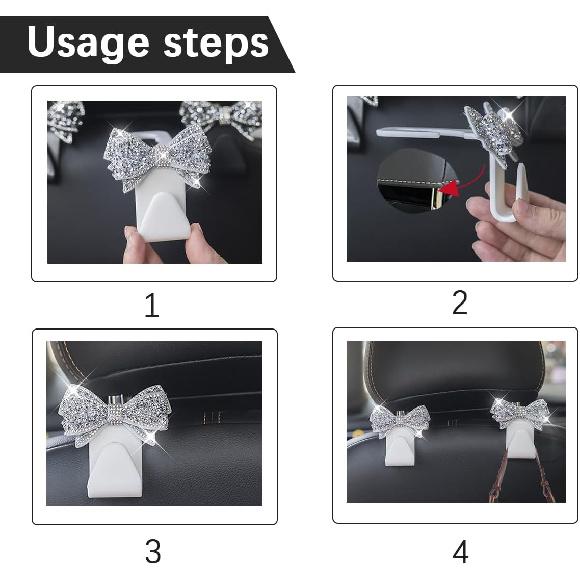 Bling Car Headreat Hook, 2PCS Crystal Rhinestone Cute Bow Vehicle Seat Back Hanger Storage For Purses Bags Grocery, Diamond Auto Rear Seat Organizer,