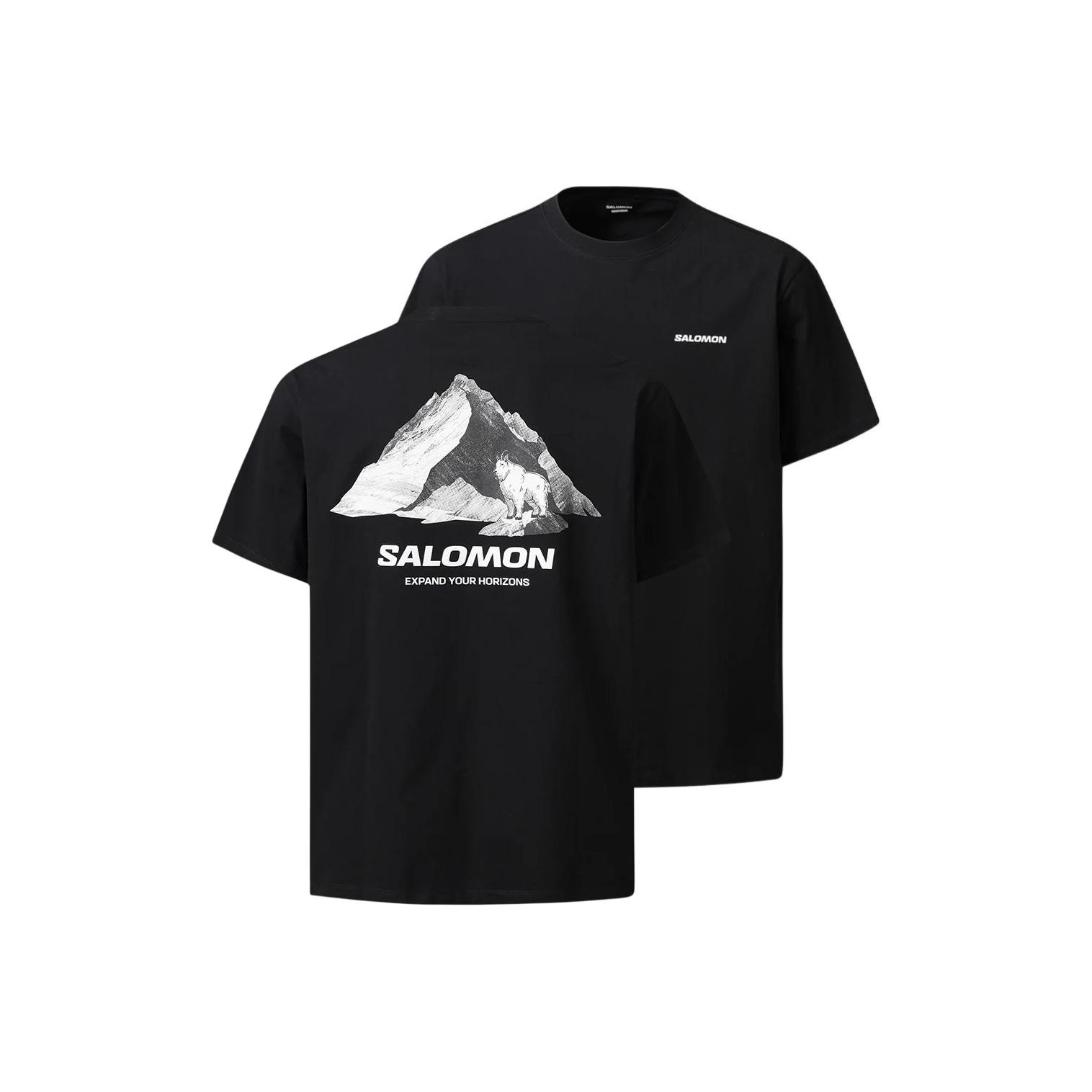 Salomon Unimountain Goat Outdoor Fashion Letter Round Neck Short Sleeve T-Shirt Unisex Tops Black C28022 M