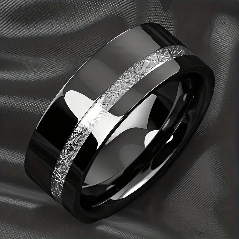 Fashion 8mm Black Stainless Steel Ring For Men Vintage Copper Color Meteorites Inlaid Promise Ring Men Wedding Band Jewelry Gift