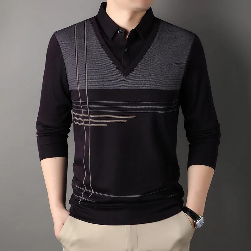 

Browon Fake Two Piece Men T Shirts 2025 Spring And Autumn Striped Print Long Sleeve Tee Tops Men Business Casual Men Clothing M красный