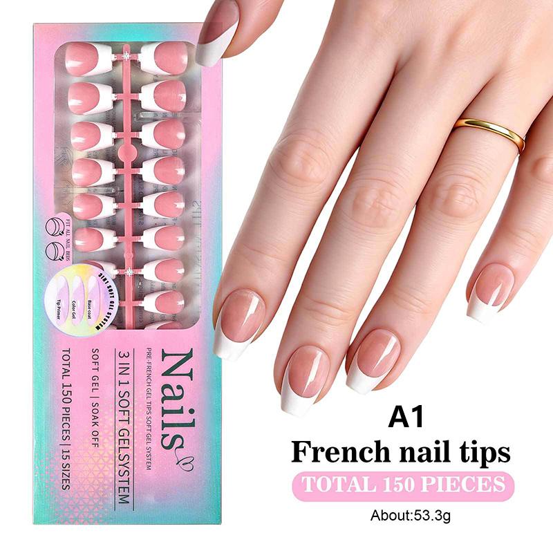 150Pcs/Boxed French Gel Tips Press On Nails Almond Nails 15 Sizes Pre-Applied Fake Nails For Manicure Extension
