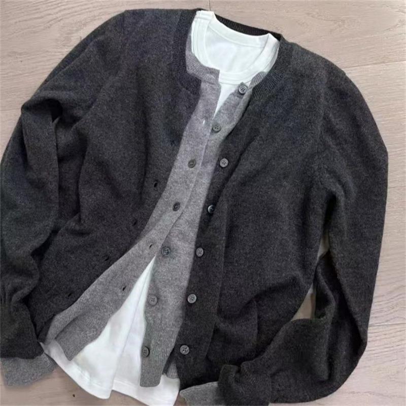 Fake two-piece knitted cardigan sweater jacket women's autumn crew neck slim-fitting versatile design splicing top women