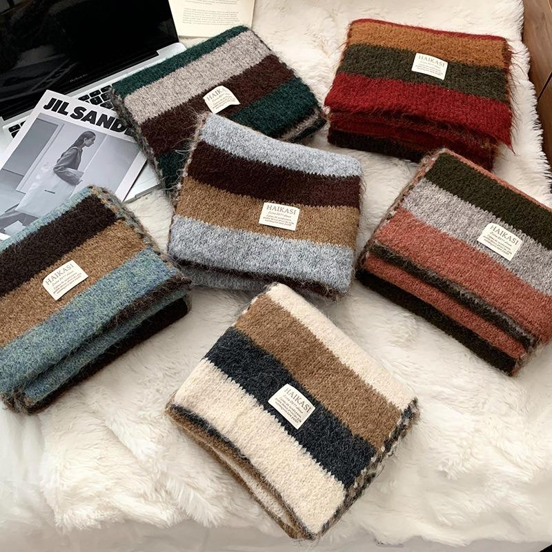 Scarf autumn and winter new college style contrasting color striped wool knitted scarf warm scarf versatile shawl