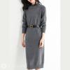 Knit Dress for Knee Long Mock Fall and Neat Long Korean Adult Spring Korean Women, Length, Sleeves, Plain, Neck, Ribbed, I-line, Winter, Simple, Soft,