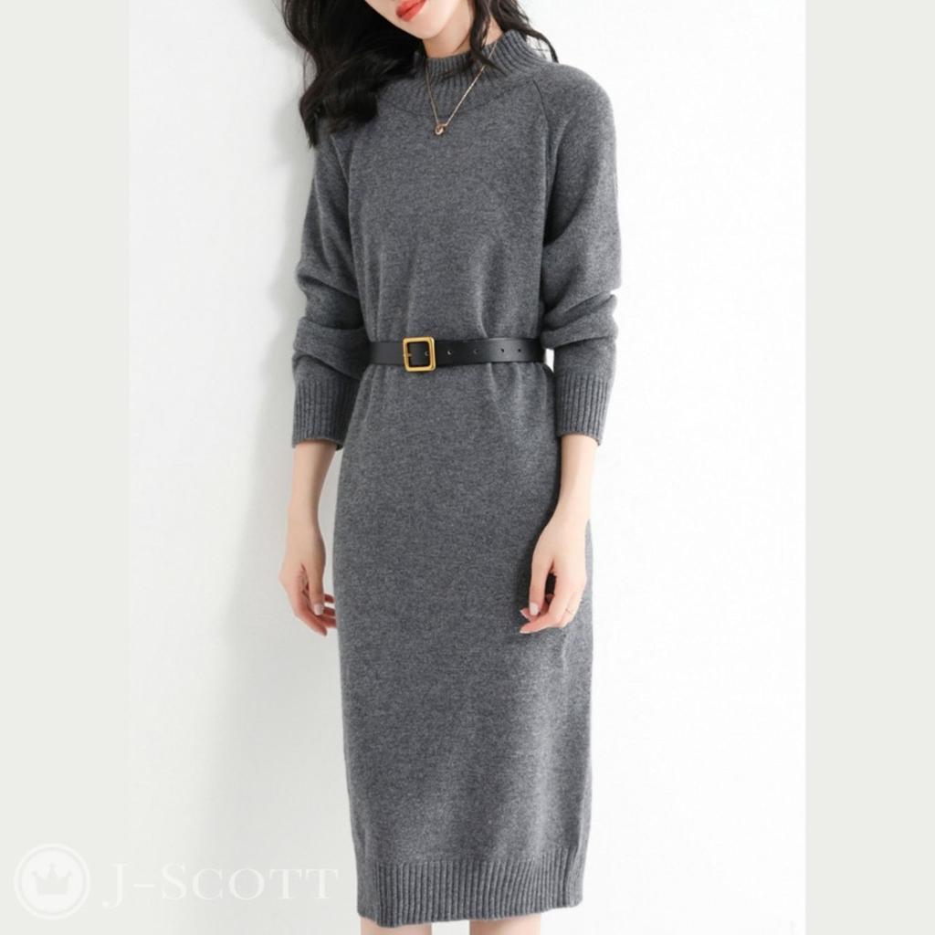 Knit Dress for Knee Long Mock Fall and Neat Long Korean Adult Spring Korean Women, Length, Sleeves, Plain, Neck, Ribbed, I-line, Winter, Simple, Soft,