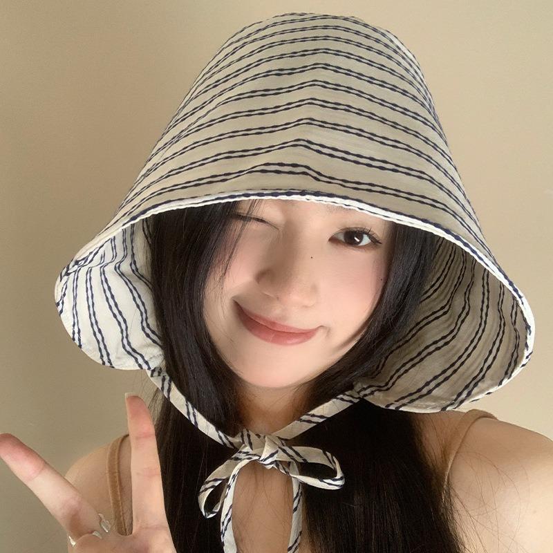 Striped big brim wrap-around bucket hat women's hat summer purple line fashion sunshade versatile sunscreen hat