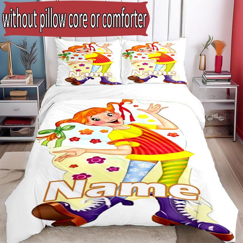 3-teiliges Bettbezug-Set (1 * Bettbezug + 2 * Kissenbezug, ohne Kern), Personalisierbares Bettwäscheset mit Pippi Langstrumpf-Muster, Dekoration für Schlafzimmer zu Hause, Geschenk