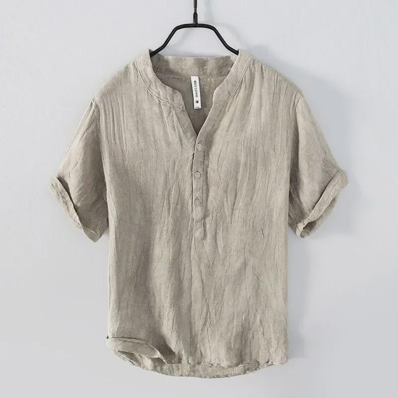 Men's Retro Linen V-Neck Short-Sleeve T-Shirt