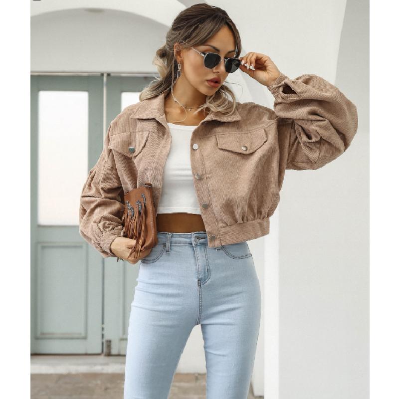 European and American Style Autumn Winter Casual Corduroy Jacket with Lantern Sleeves and Single Breasted Short Coat for Women