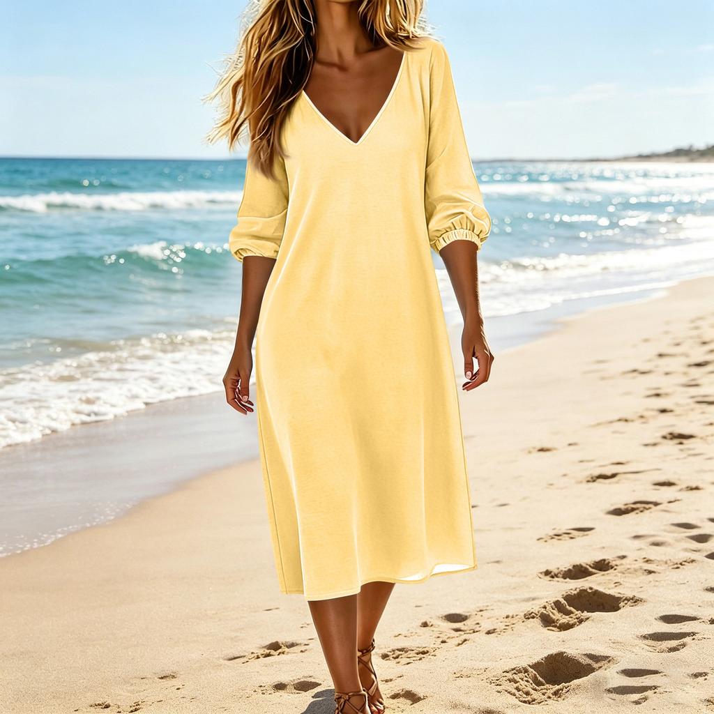 Women's Summer Fashion V Neck Seven Quarter Sleeve Casual Cotton And Linen Vacation Beach Dress