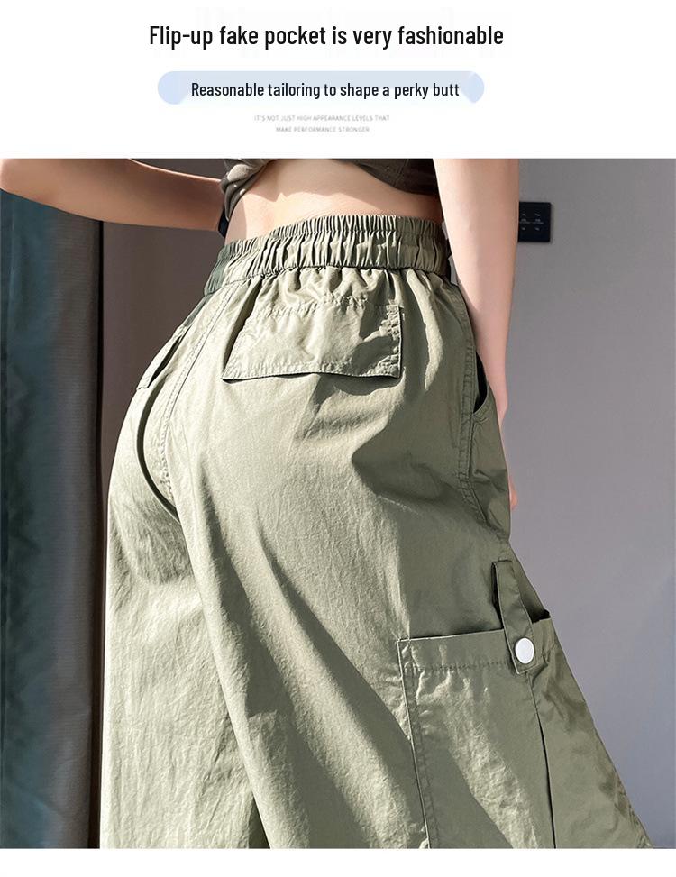In-Stock Quick-Dry Wide Leg Cargo Pants for Women - High Waist, Cuffed, Two-Way Style, Spring/Summer Collection