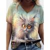 Summer V-neck Funny Cat Pattern 3D Printed Top Fashionable Casual Short Sleeved Women's T-shirts