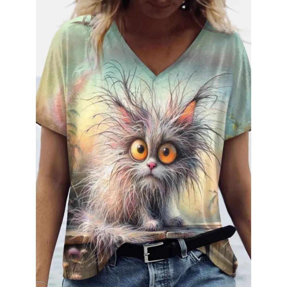 Summer V-neck Funny Cat Pattern 3D Printed Top Fashionable Casual Short Sleeved Women's T-shirts