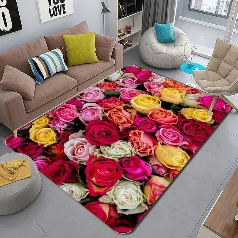 Golden Red Rose Print Home Decor Carpet Washable Floor Mat for Living Room Bedroom Kitchen Non Slip Sofa Coffee Table Area Rug