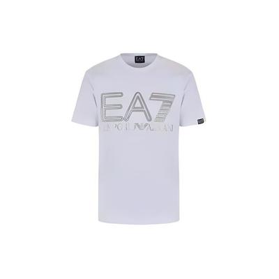 Emporio Armani EA7 Herren T-Shirt mit Buchstaben- und Ziffernaufdruck, Rundhalsausschnitt, Figurbetont, Kurze Ärmel, Oberteile Weiß 3DPT37-PJMUZ-1100