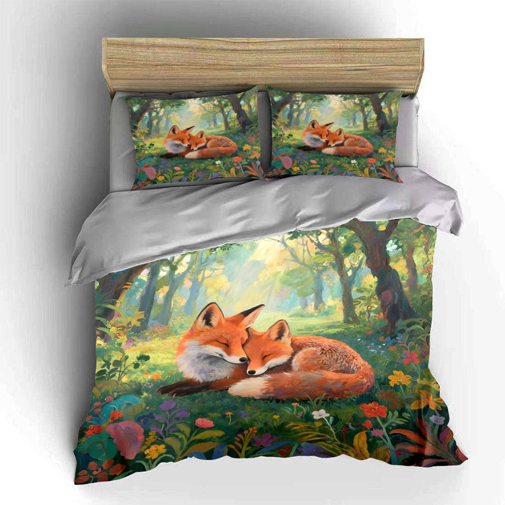 Warm foxes cuddling in forest Print Soft Comfortable Duvet Cover Bedding Set Included 1*Duvet Cover 2*Pillowcases Luxury gifts