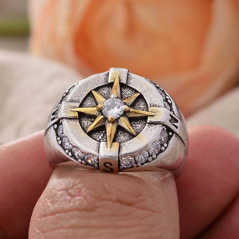 Vintage Compass Design Shiny Crystal Star Thai Silver Men Punk Ring  Hand Accessories Gifts