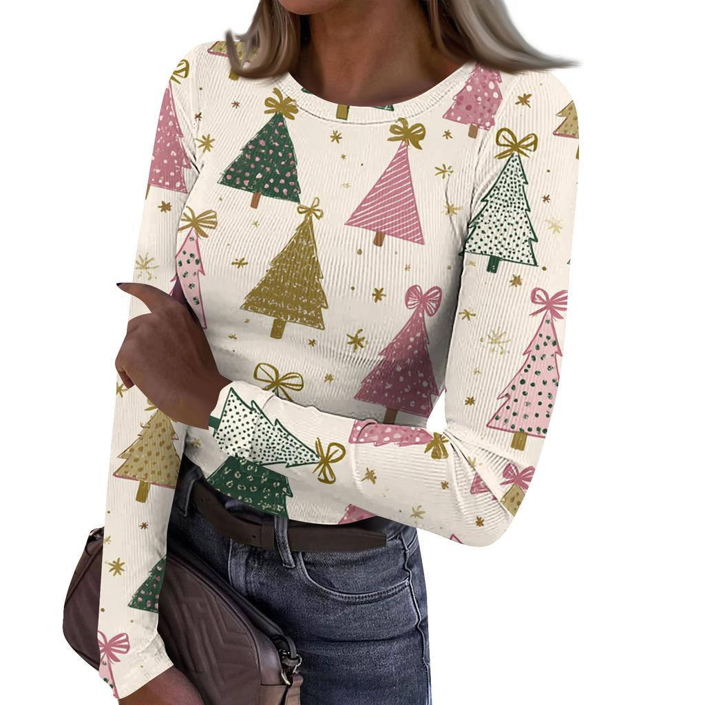 Women's Fashion Slim-Fit Round Neck Base Layer T-Shirt Christmas Print Long-Sleeved Top
