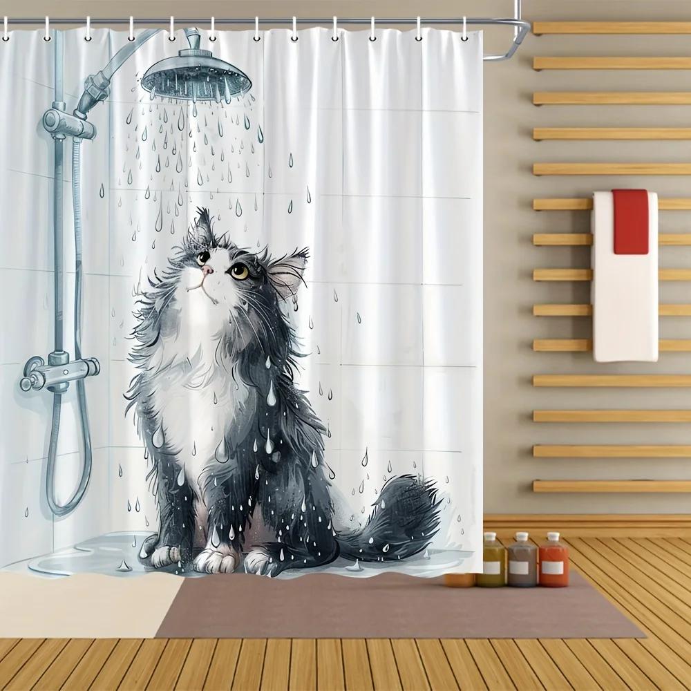 Funny Black Cat Shower Curtain - Adorable Cat Design, Polyester Fabric,  Includes Hooks, Playful Bathroom Decor
