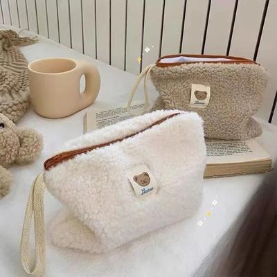 Portable Plush Makeup Bag Solid Color Cute Fur Makeup Bag For Women Travel Make Up Toiletry Bag Washing Pouch Plush Pen Pouch