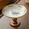 BRRetro Wooden Ceramic High Pedestal Plate Fruit Platter Dessert Bowl Porcelain Tray Food Tray Cake Plate Kitchen OrganizerEY