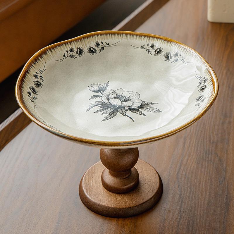 BRRetro Wooden Ceramic High Pedestal Plate Fruit Platter Dessert Bowl Porcelain Tray Food Tray Cake Plate Kitchen OrganizerEY