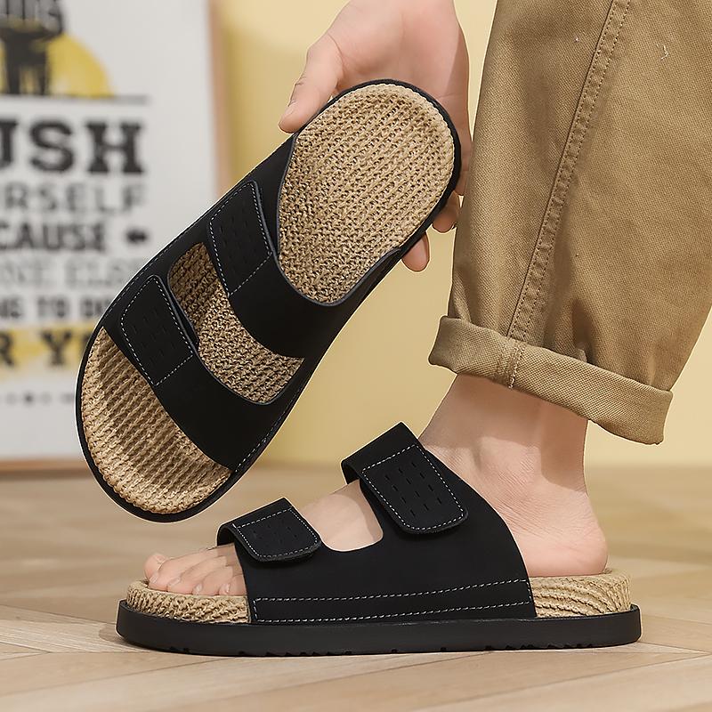 Men'S One-Strap Woven Slides Slippers Summer New Breathable Lightweight Soft Sole Anti Slip Outdoor Quick Dry Casual Beach Shoes