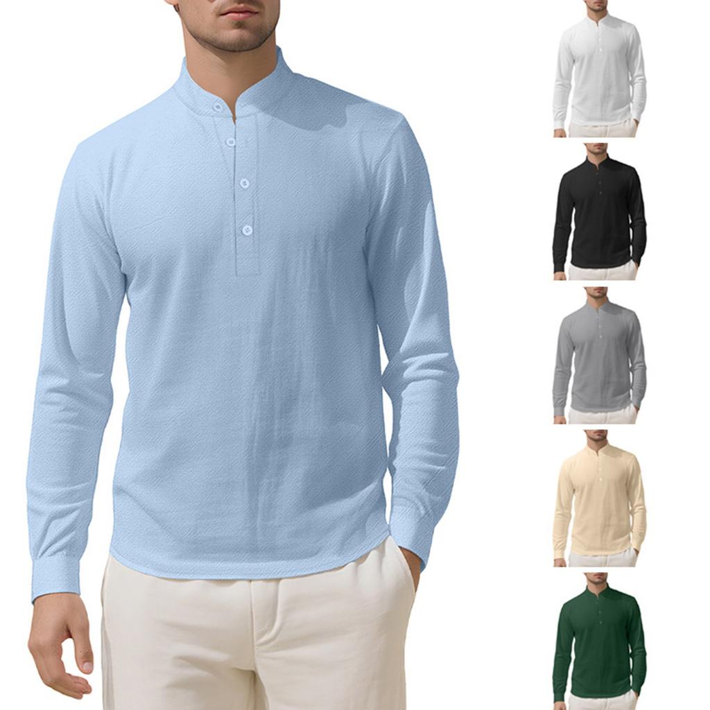 Men's Loose Linen Solid Color Long Sleeved Stand Up Collar Top Men's Casual Shirt