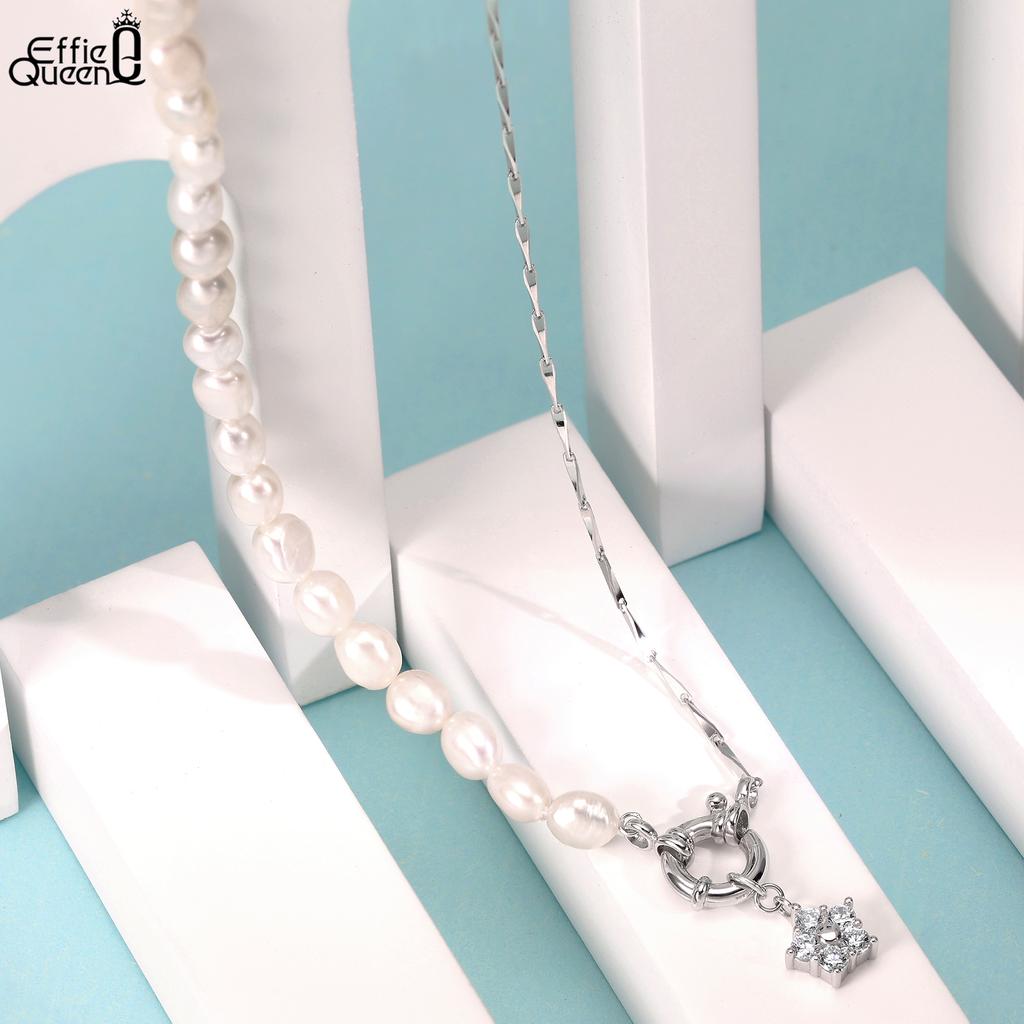 EFFIE QUEEN 925 Solid Sterling Silver 14k Gold Pearl Choker Necklace Plus Star Zirconia Trendy Jewelry for Women Banquet GPN92