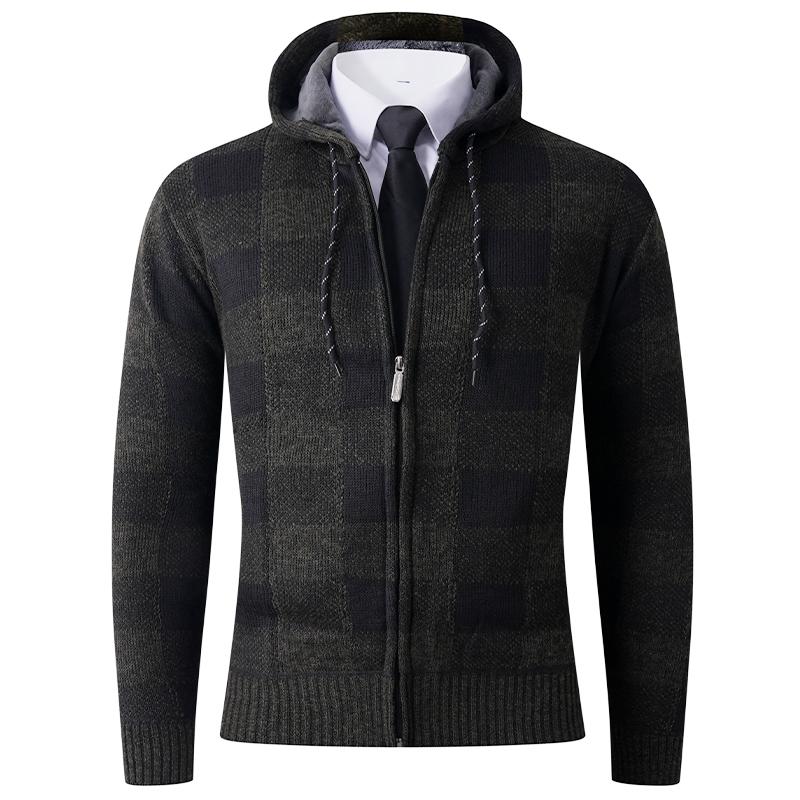 Hooded Men's Zipper Loose Plaid Jacket Long Sleeve Contrast Cardigan Top