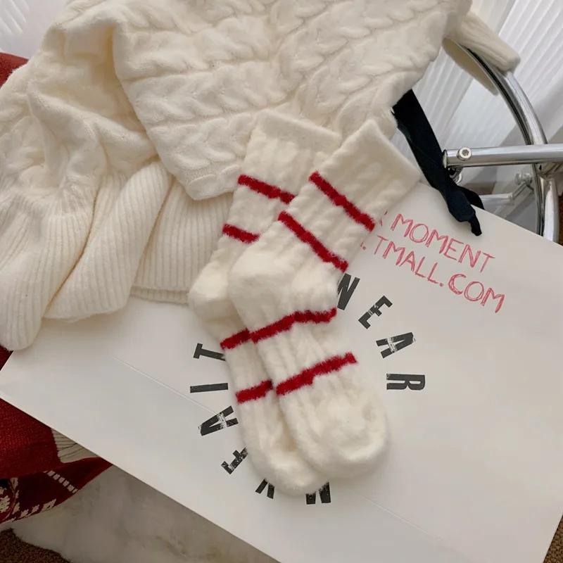 Christmas New Year's Fleece Socks, Red Striped Women's Mid Length Socks, New Year's Socks with Warm and Fleece Red Socks