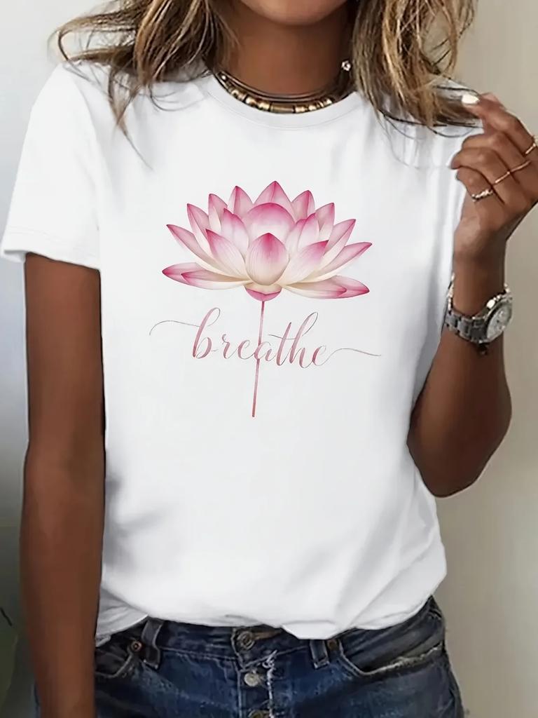 White Round Neck Season Comfort Fit Relaxed Artistic Graphic Breathable Women's Casual Sleeve T-Shirt Lotus Flower & Print Pink
