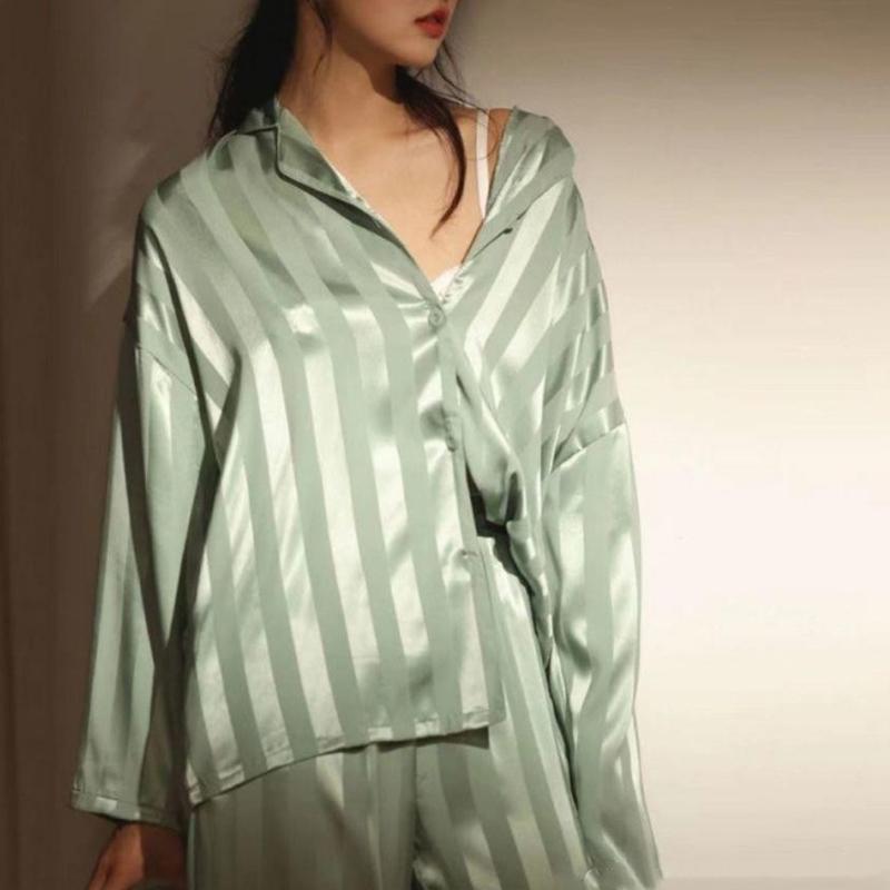 Sleepwear Ladies Spring and Summer Ice Silk Girls Homewear Long-Sleeved Trousers Simulation Silk Green Striped Pajamas Set