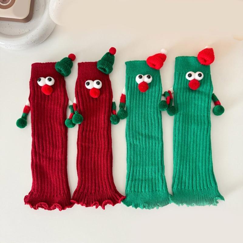 Christmas Holiday Leg Covers 3D Santa Hat Doll Magnetic Hand Holding Leg Warmers Socks with Big Curious Eyes for Women