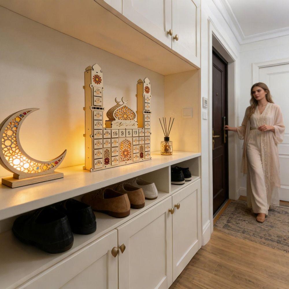 Wooden Ramadan Advent Calendars With Lights Castle Design Eid Mubarak Countdown Calendar 30 Storage Drawers Castle Design