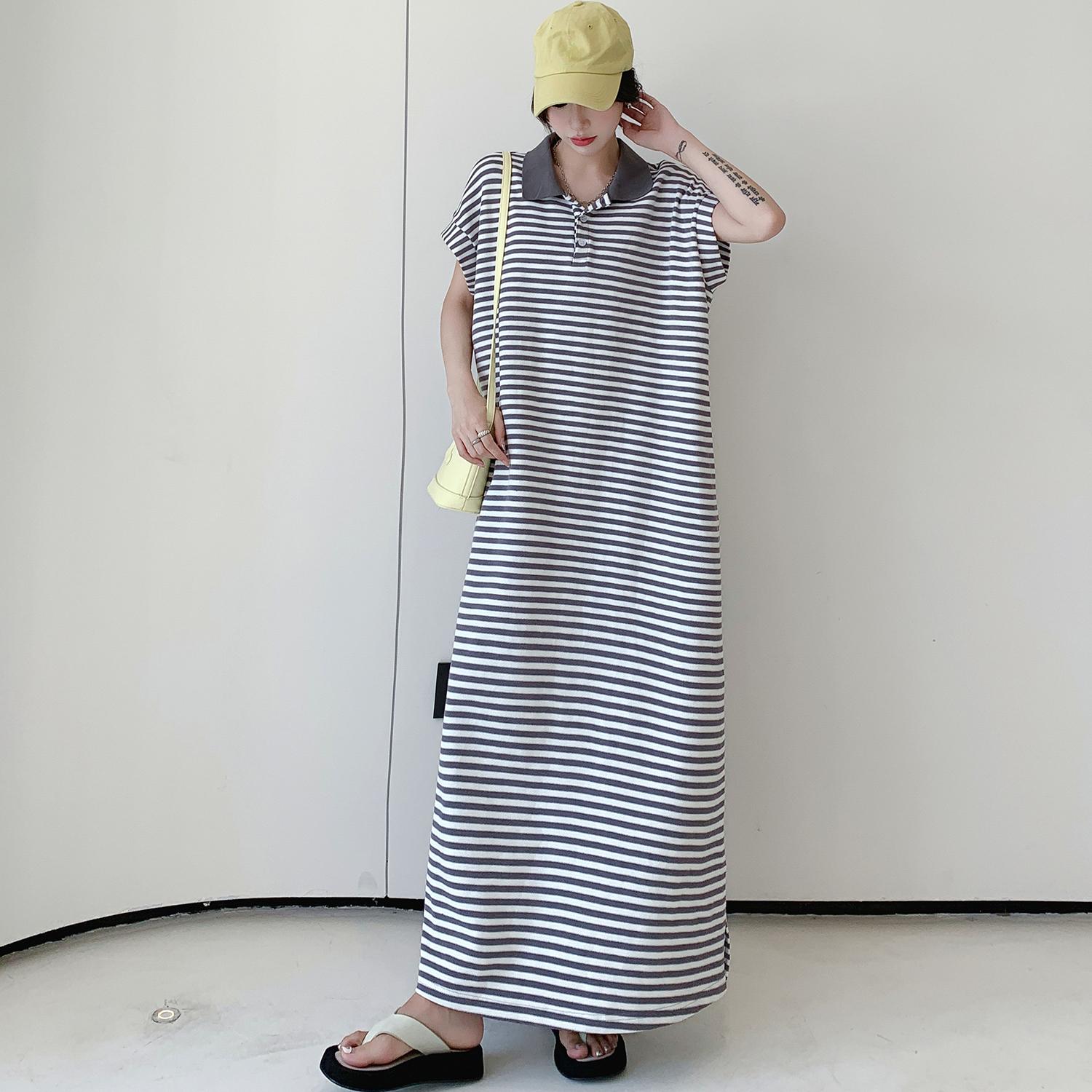 

DIMANAF Plus Size Women 2025 Новое летнее длинное платье большого размера Повседневное свободное платье Полосатые длинные платья с коротким рукавом 3XL серый